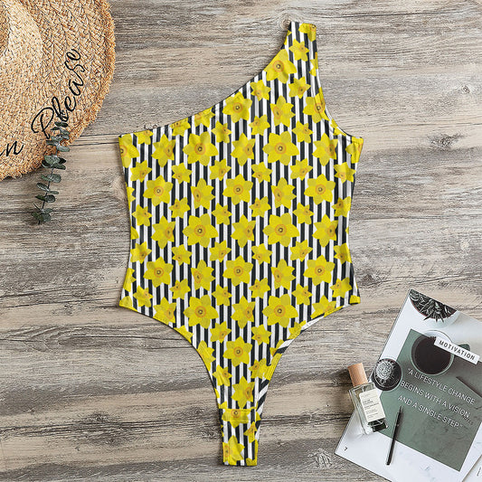Black Striped Daffodil Pattern Print One Shoulder Bodysuit