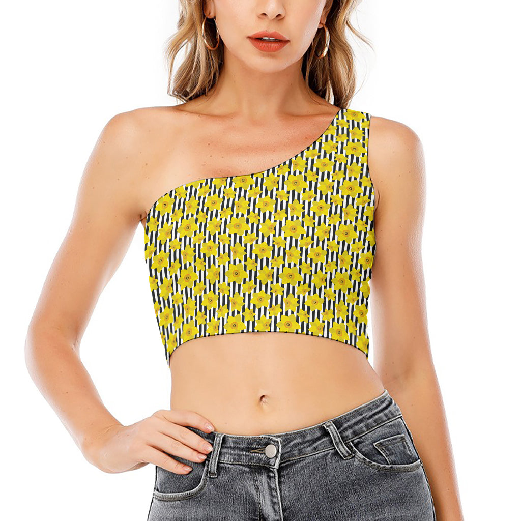 Black Striped Daffodil Pattern Print One Shoulder Crop Top