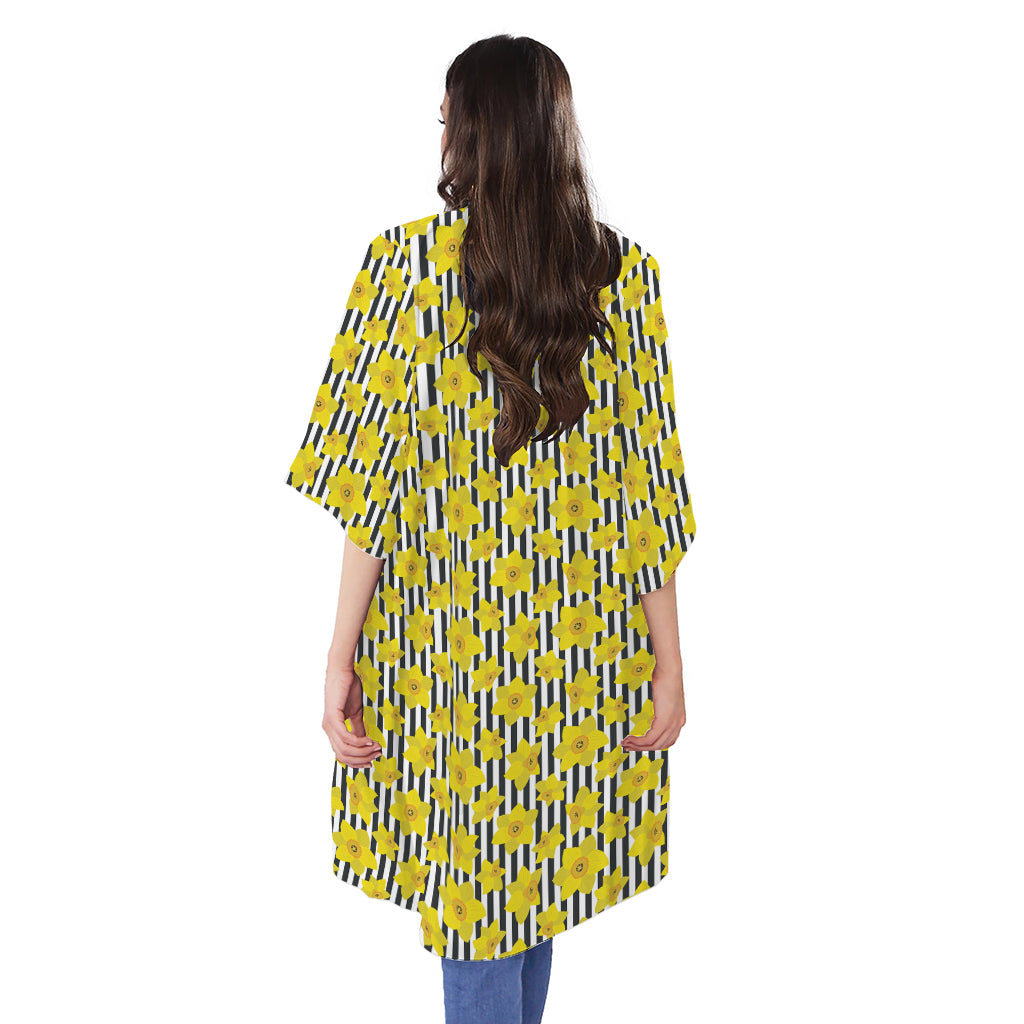 Black Striped Daffodil Pattern Print Open Front Beach Cover Up