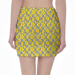 Black Striped Daffodil Pattern Print Pencil Mini Skirt
