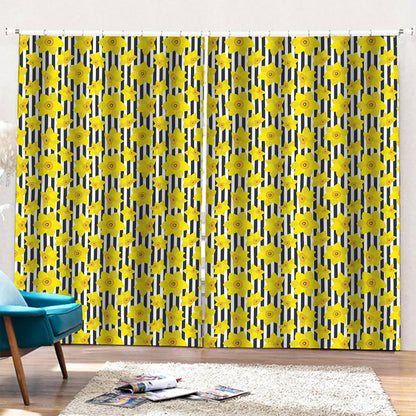 Black Striped Daffodil Pattern Print Pencil Pleat Curtains