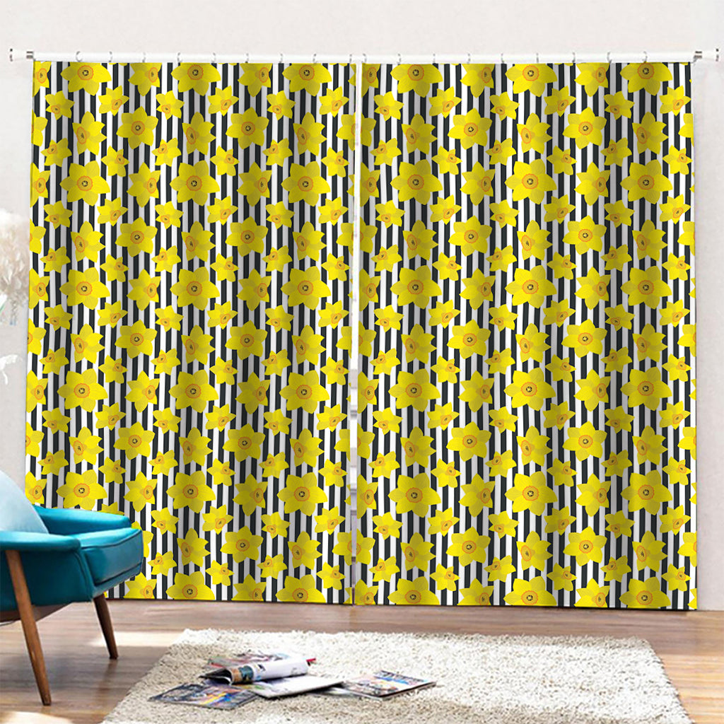 Black Striped Daffodil Pattern Print Pencil Pleat Curtains