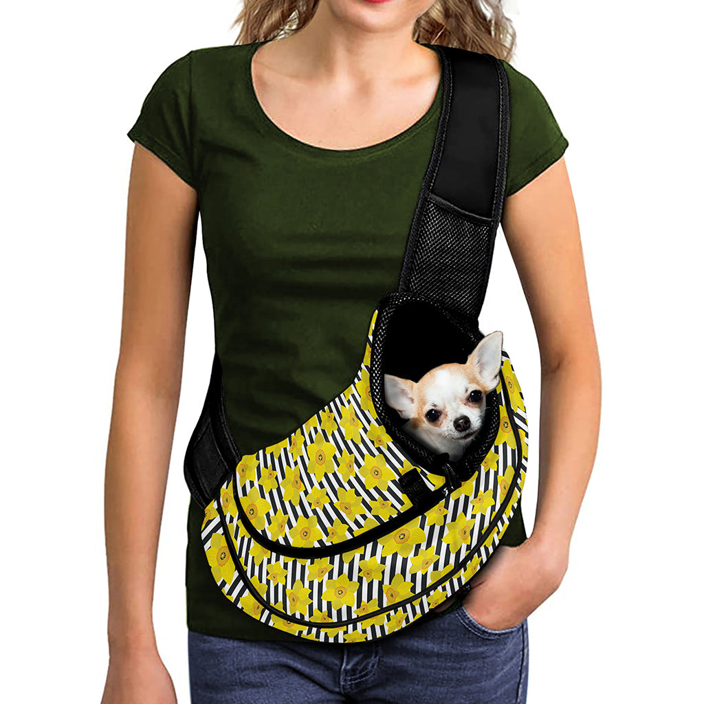 Black Striped Daffodil Pattern Print Pet Sling Carrier