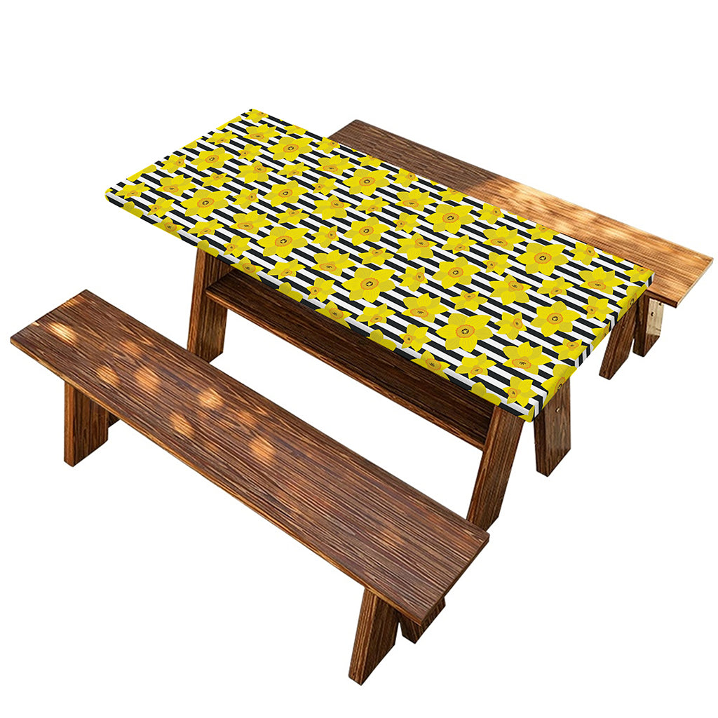 Black Striped Daffodil Pattern Print Picnic Table Cover