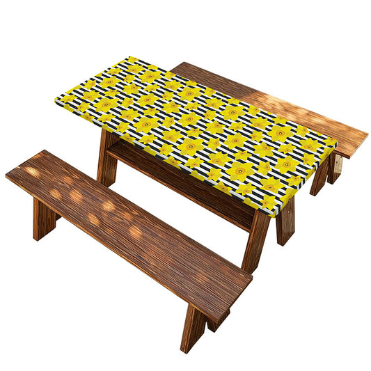 Black Striped Daffodil Pattern Print Picnic Table Cover