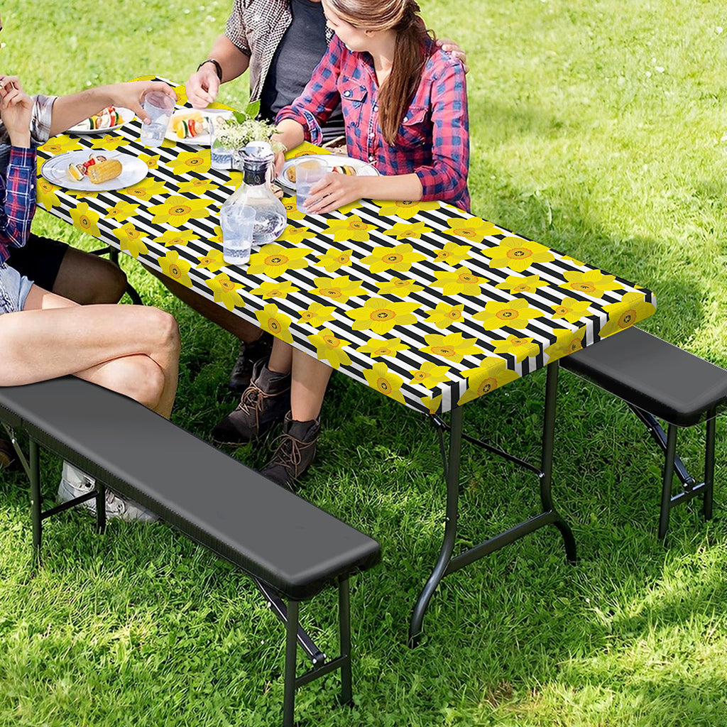 Black Striped Daffodil Pattern Print Picnic Table Cover