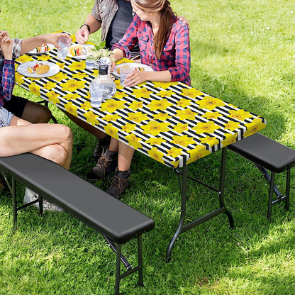 Black Striped Daffodil Pattern Print Picnic Table Cover