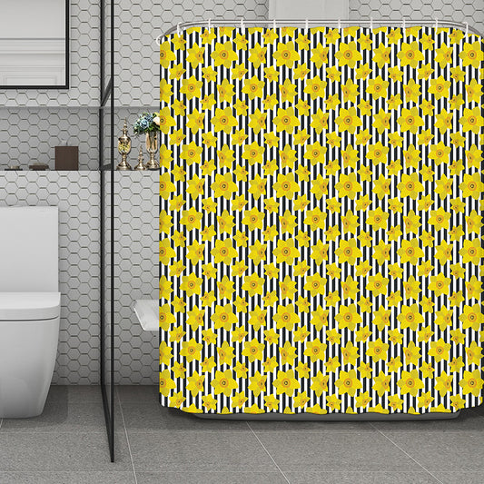 Black Striped Daffodil Pattern Print Polyester Shower Curtain