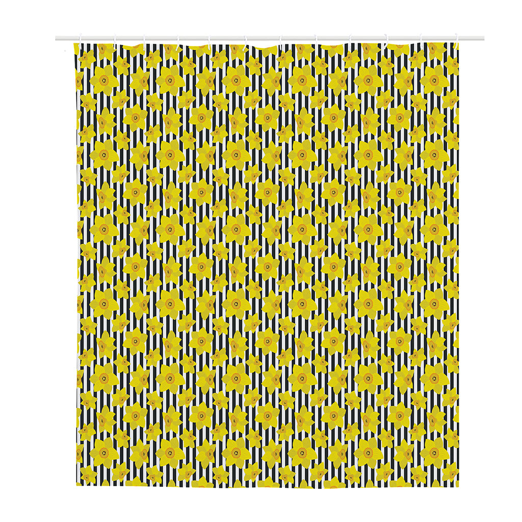 Black Striped Daffodil Pattern Print Polyester Shower Curtain