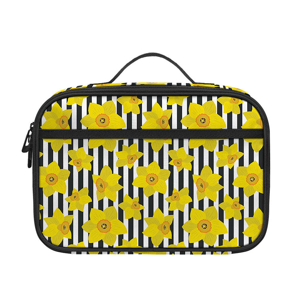 Black Striped Daffodil Pattern Print Portable Lunch Bag