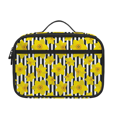 Black Striped Daffodil Pattern Print Portable Lunch Bag