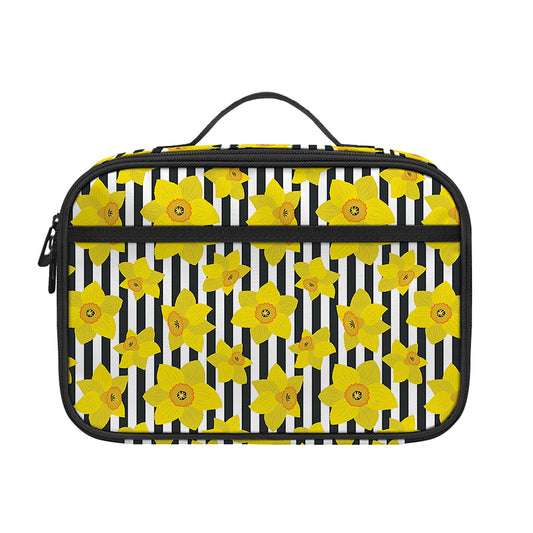 Black Striped Daffodil Pattern Print Portable Lunch Bag