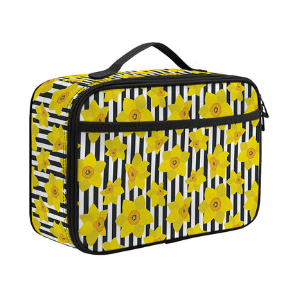 Black Striped Daffodil Pattern Print Portable Lunch Bag