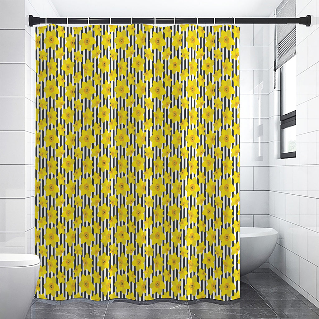 Black Striped Daffodil Pattern Print Premium Shower Curtain