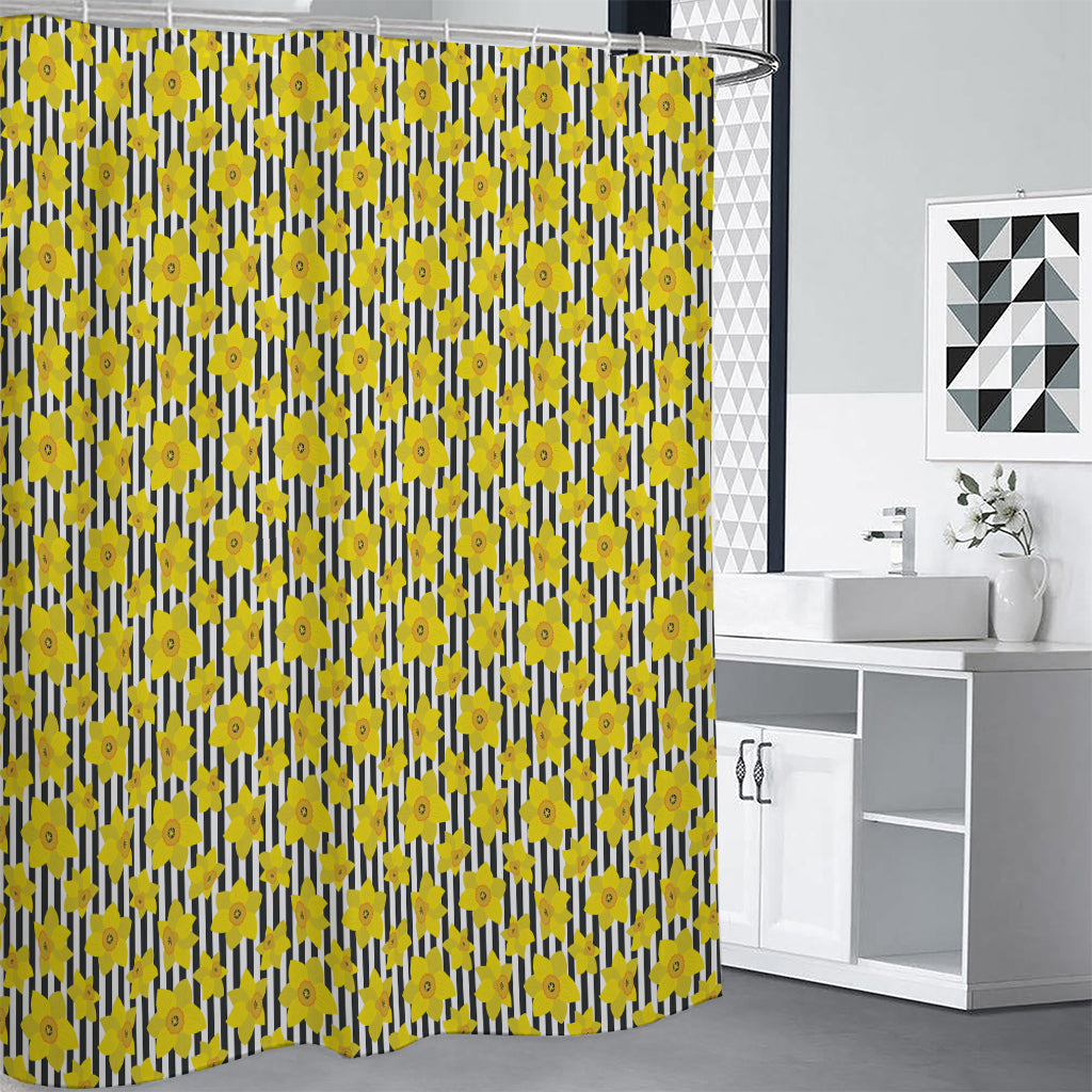 Black Striped Daffodil Pattern Print Premium Shower Curtain