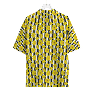 Black Striped Daffodil Pattern Print Rayon Hawaiian Shirt