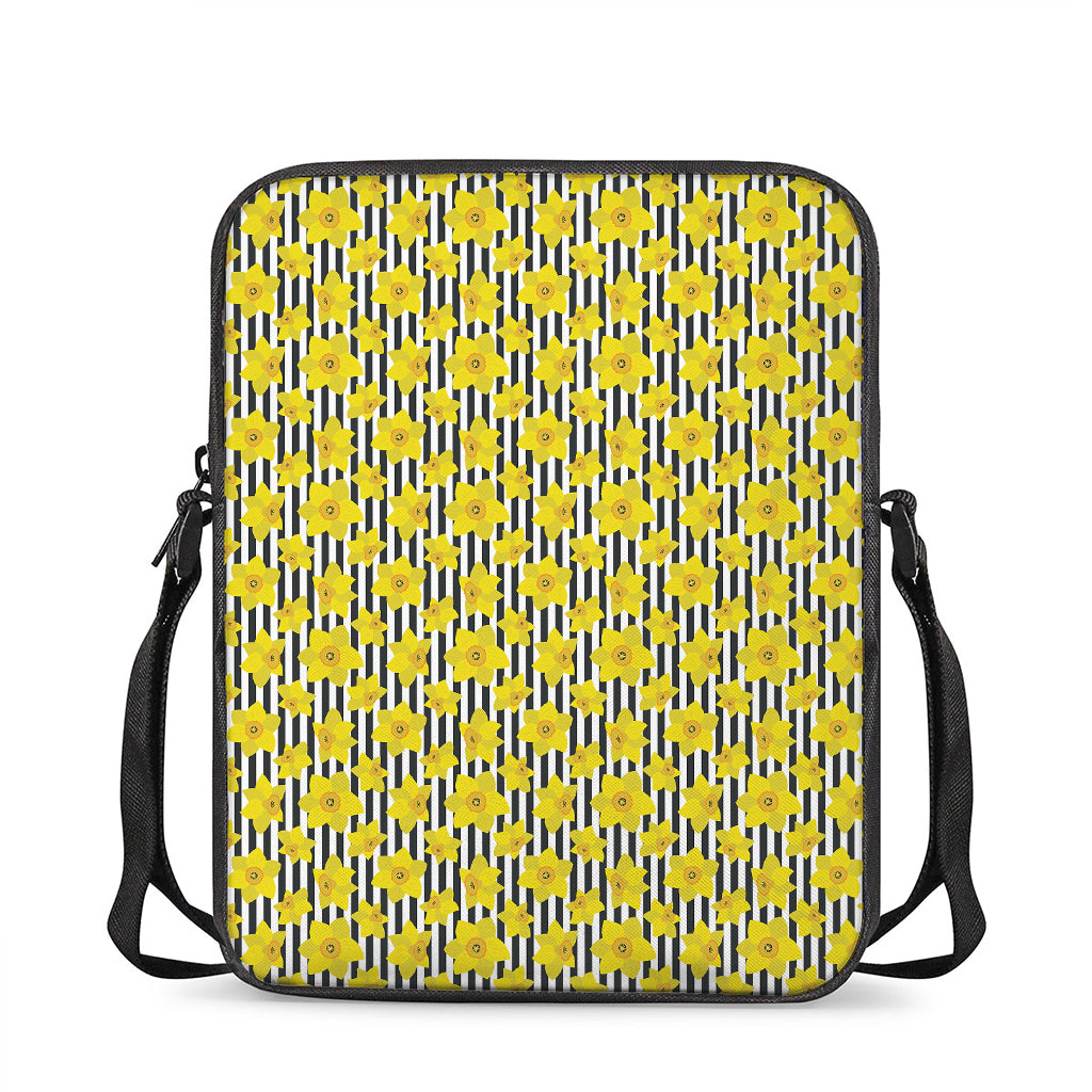 Black Striped Daffodil Pattern Print Rectangular Crossbody Bag