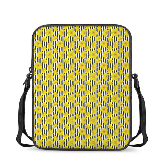 Black Striped Daffodil Pattern Print Rectangular Crossbody Bag