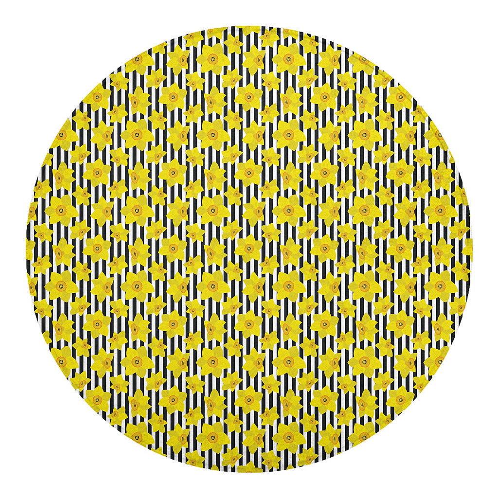 Black Striped Daffodil Pattern Print Round Blanket