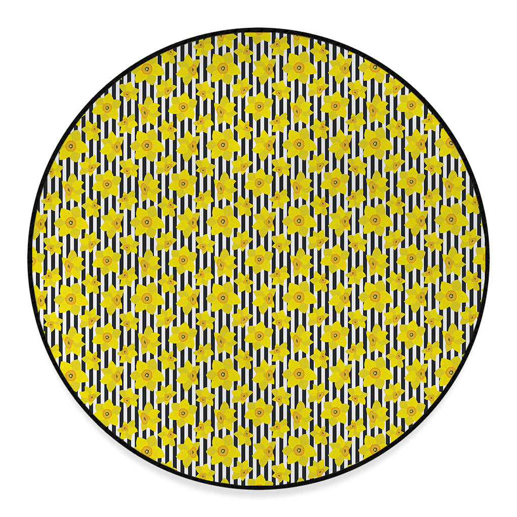 Black Striped Daffodil Pattern Print Round Floor Mat