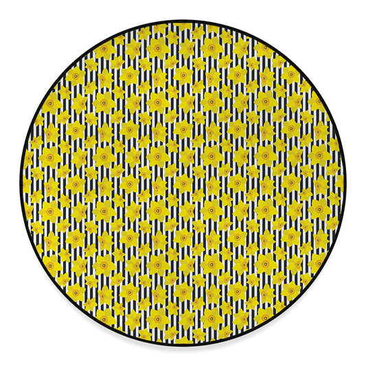 Black Striped Daffodil Pattern Print Round Floor Mat