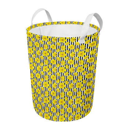 Black Striped Daffodil Pattern Print Round Laundry Basket