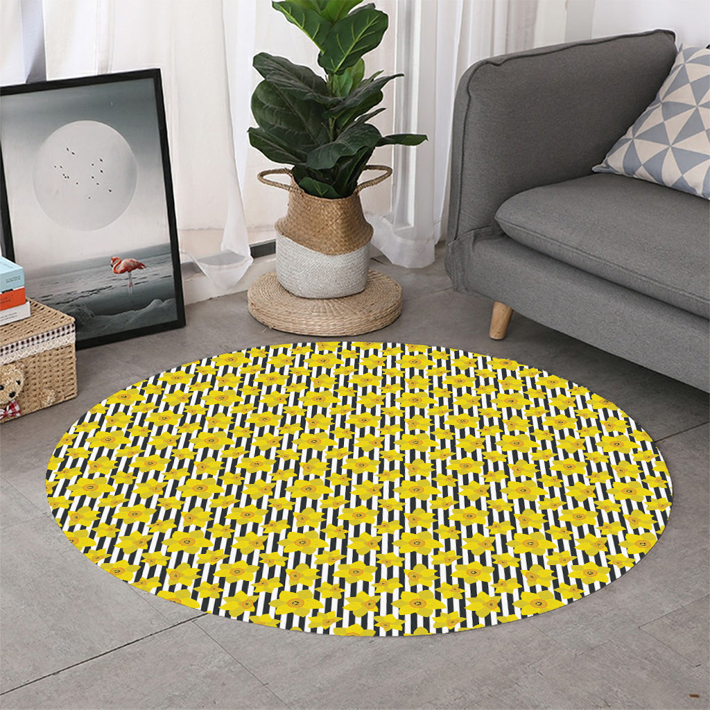 Black Striped Daffodil Pattern Print Round Rug