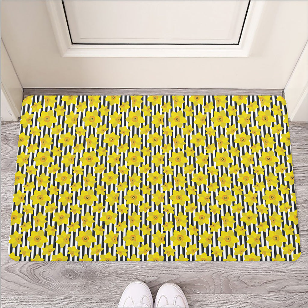 Black Striped Daffodil Pattern Print Rubber Doormat