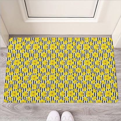 Black Striped Daffodil Pattern Print Rubber Doormat
