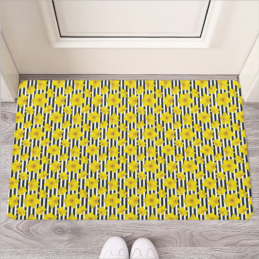 Black Striped Daffodil Pattern Print Rubber Doormat