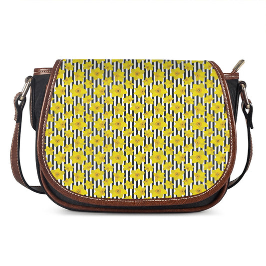 Black Striped Daffodil Pattern Print Saddle Bag