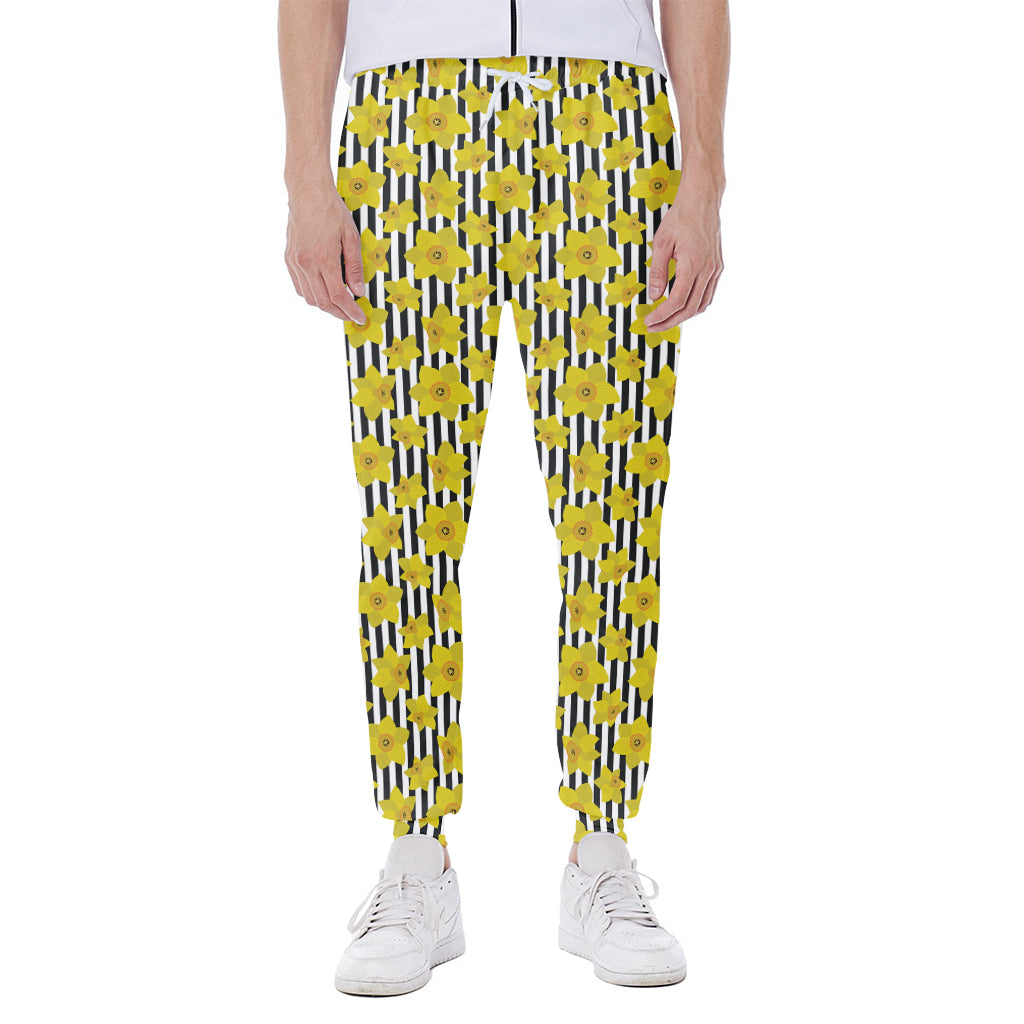 Black Striped Daffodil Pattern Print Scuba Joggers