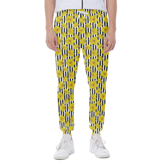 Black Striped Daffodil Pattern Print Scuba Joggers