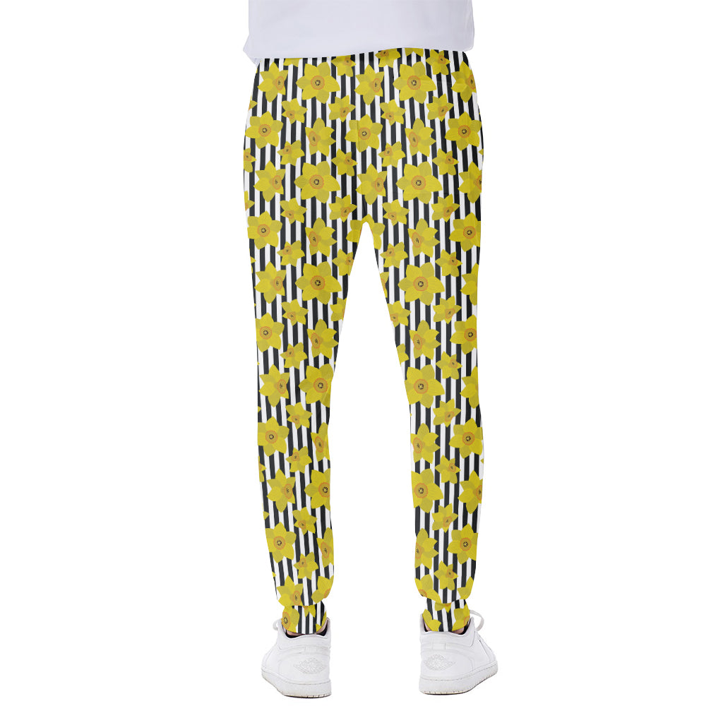 Black Striped Daffodil Pattern Print Scuba Joggers