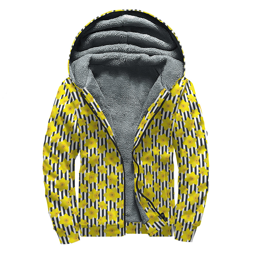 Black Striped Daffodil Pattern Print Sherpa Lined Zip Up Hoodie