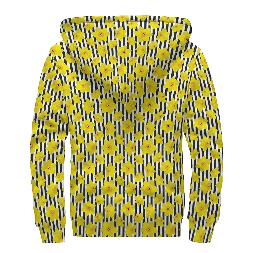 Black Striped Daffodil Pattern Print Sherpa Lined Zip Up Hoodie