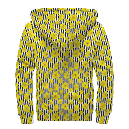 Black Striped Daffodil Pattern Print Sherpa Lined Zip Up Hoodie