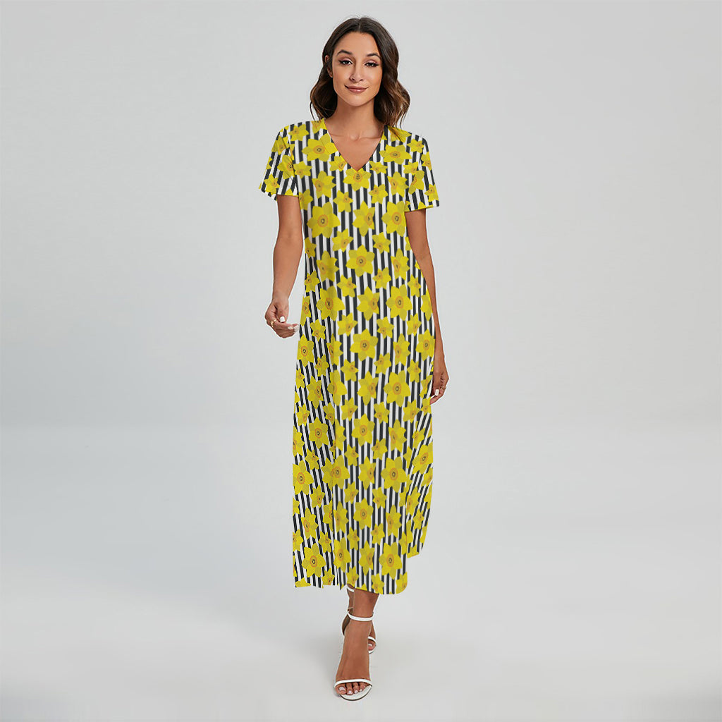 Black Striped Daffodil Pattern Print Short Sleeve Maxi Dress