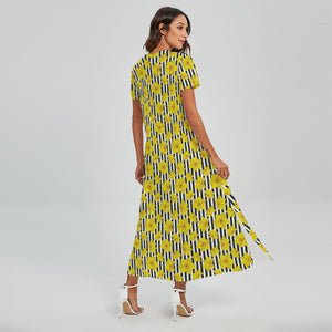 Black Striped Daffodil Pattern Print Short Sleeve Maxi Dress