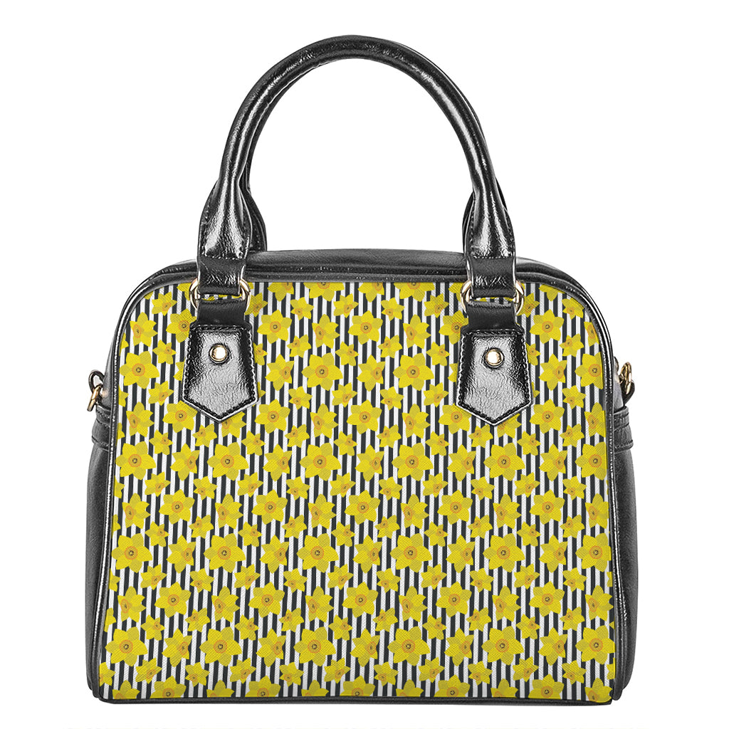 Black Striped Daffodil Pattern Print Shoulder Handbag