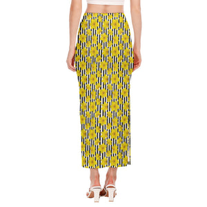 Black Striped Daffodil Pattern Print Side Slit Maxi Skirt