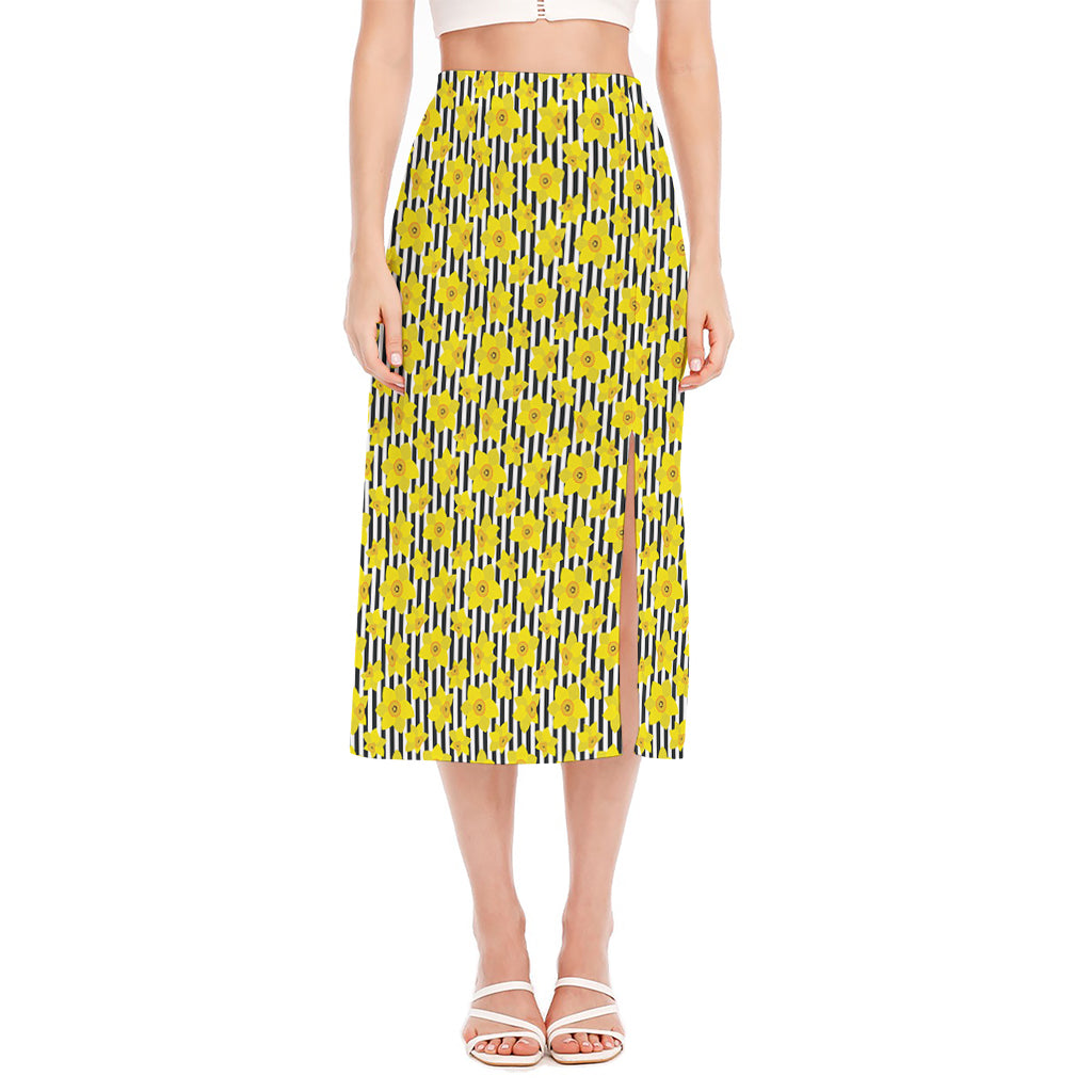 Black Striped Daffodil Pattern Print Side Slit Midi Skirt