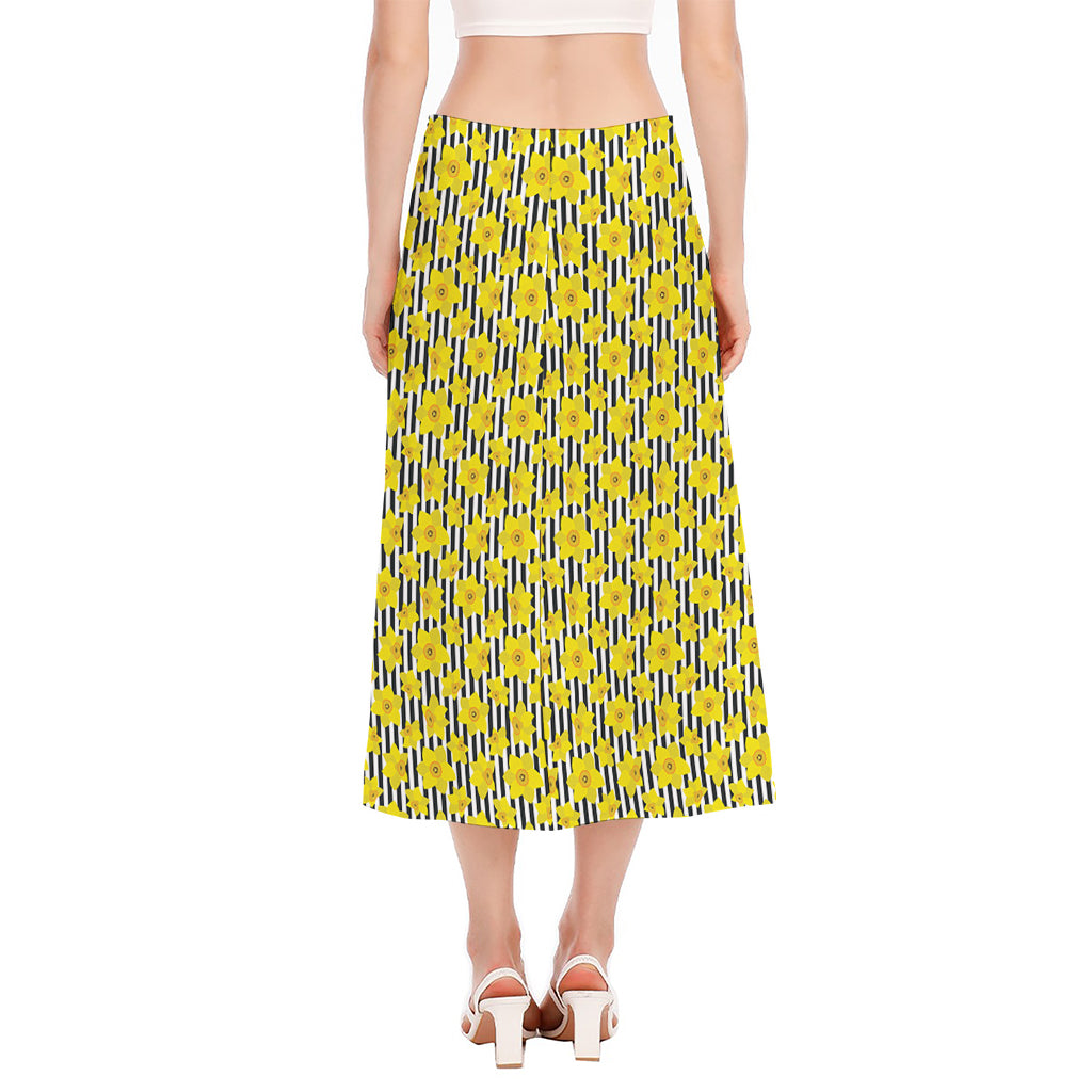 Black Striped Daffodil Pattern Print Side Slit Midi Skirt