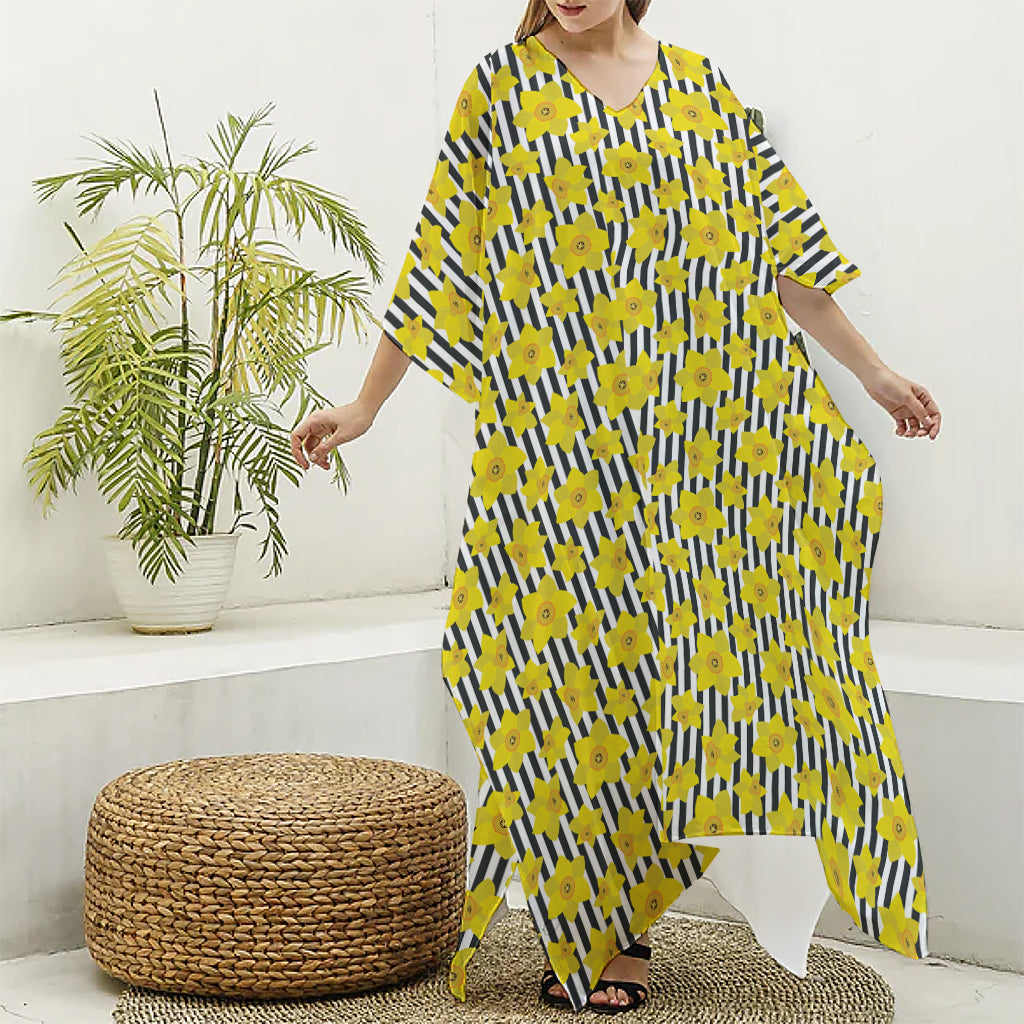 Black Striped Daffodil Pattern Print Silk V-Neck Kaftan Dress