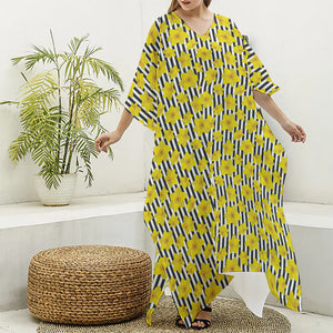 Black Striped Daffodil Pattern Print Silk V-Neck Kaftan Dress