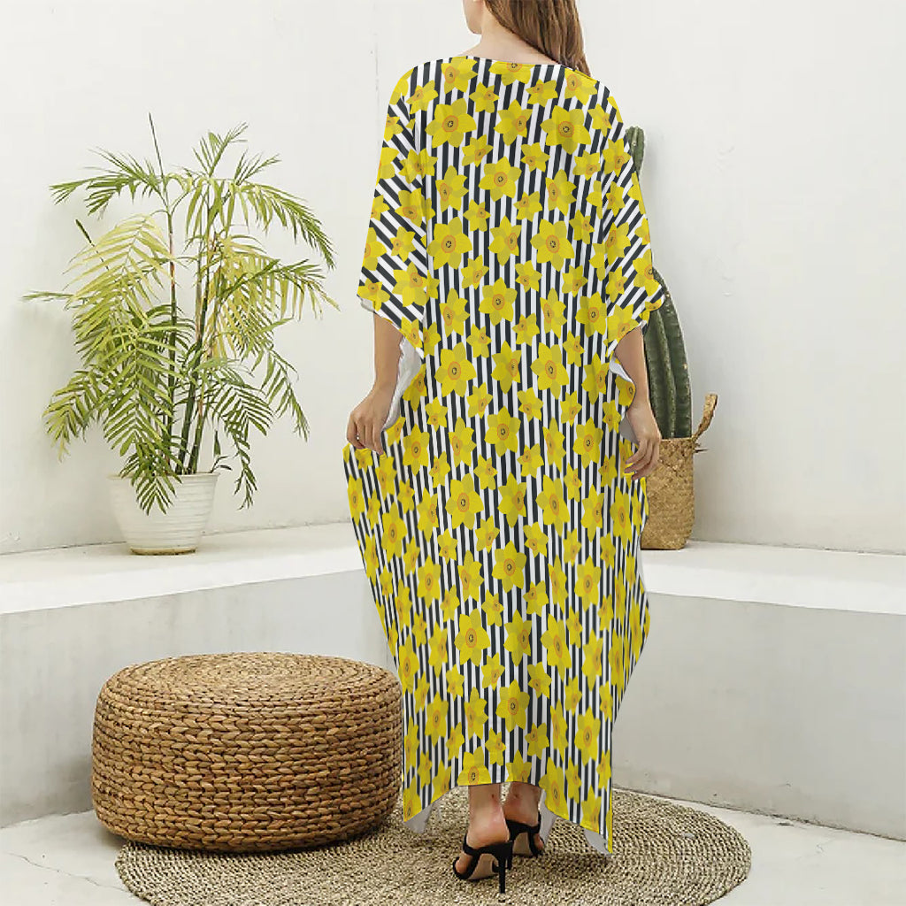 Black Striped Daffodil Pattern Print Silk V-Neck Kaftan Dress