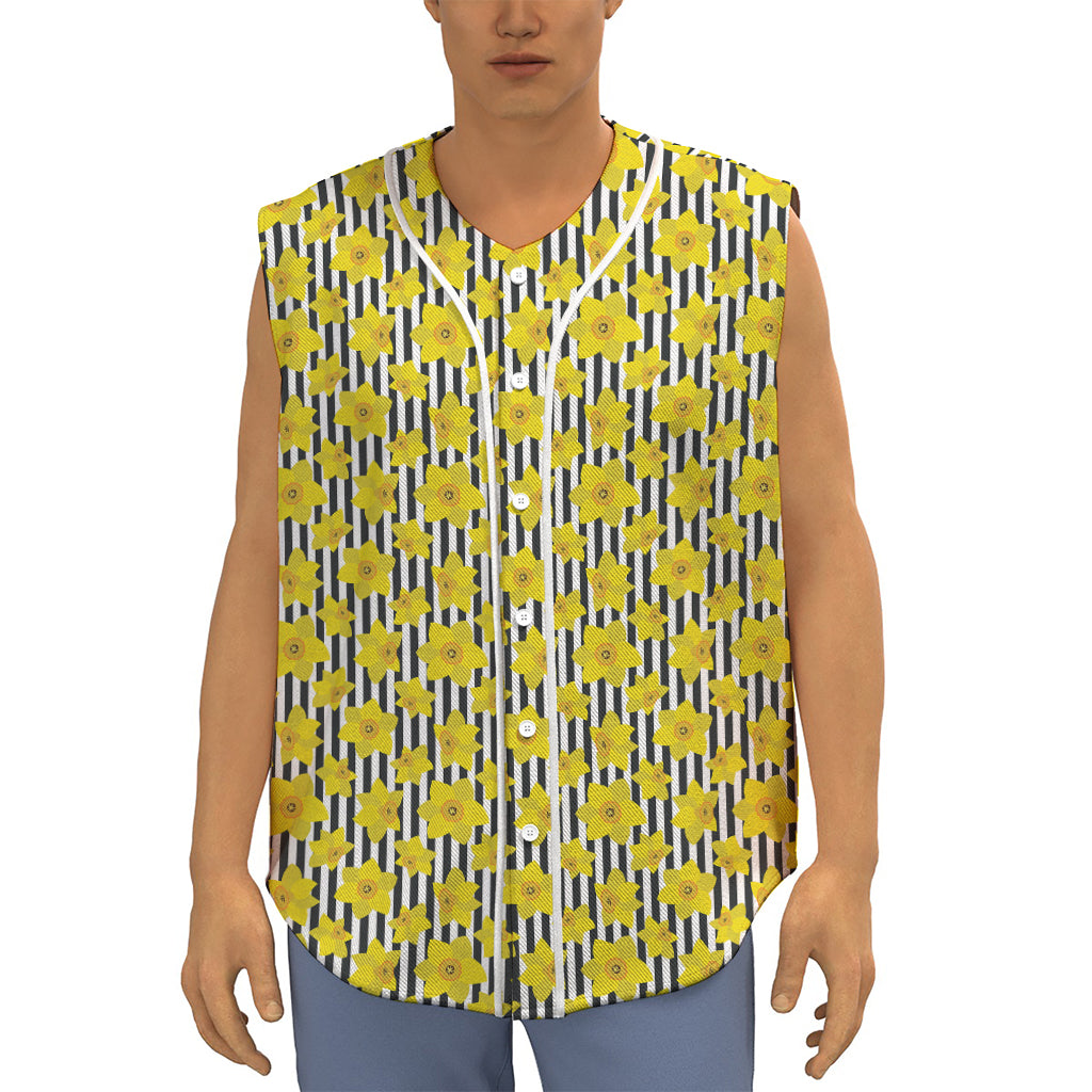 Black Striped Daffodil Pattern Print Sleeveless Baseball Jersey