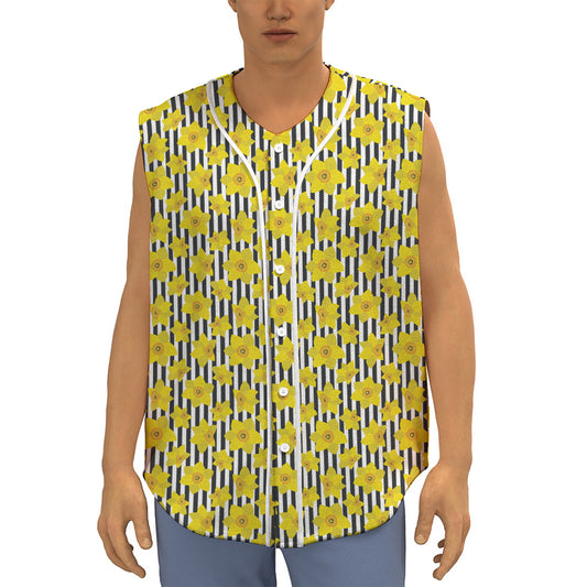 Black Striped Daffodil Pattern Print Sleeveless Baseball Jersey