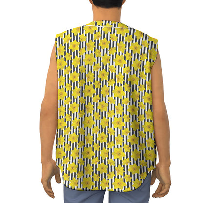 Black Striped Daffodil Pattern Print Sleeveless Baseball Jersey