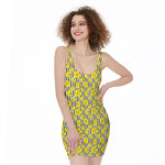 Black Striped Daffodil Pattern Print Sleeveless Bodycon Dress